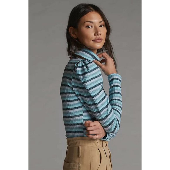Anthropologie Maeve Puff-Sleeved Striped Turtleneck Top XL - Picture 2 of 9